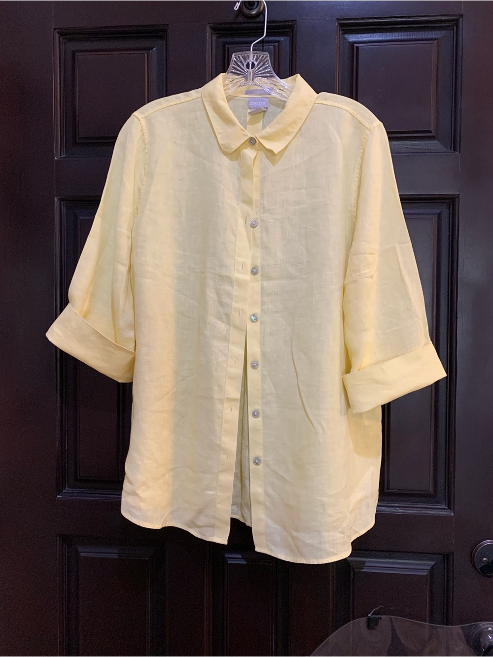 Chico's Lemon Yellow No Iron Linen 3/4 Sleeve Button-Down Shirt size 1 (8/M).